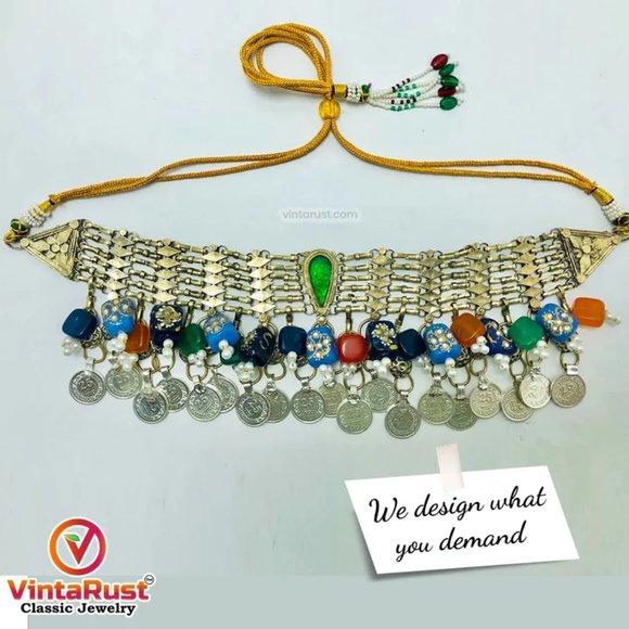 Statement Coins Choker Necklace With Multicolor Glass Stones and Beads, Collar - Picture 5 of 9